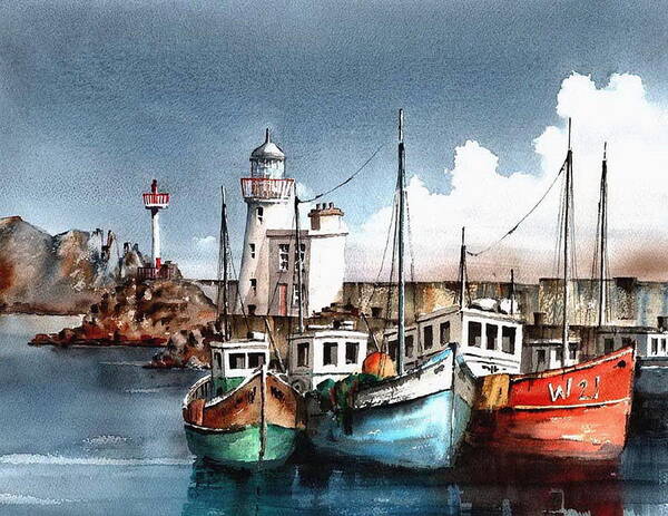 Val Byrne Art Print featuring the painting Howth Trawlers by Val Byrne