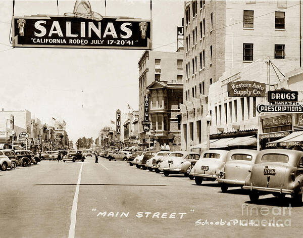 Main Art Print featuring the photograph Main Street Salinas California 1941 by Monterey County Historical Society