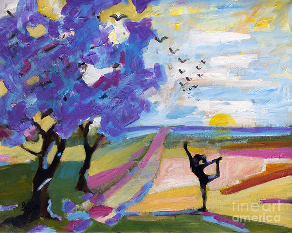 Yoga Art Print featuring the painting Yoga Under The Jacaranda Trees by Ginette Callaway