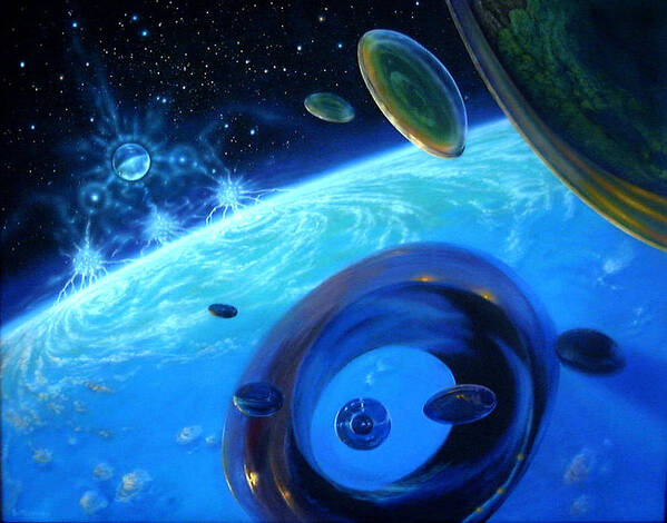 Space Art Print featuring the painting Eon's Web-Orbital Encounter #1 by Pat Lewis