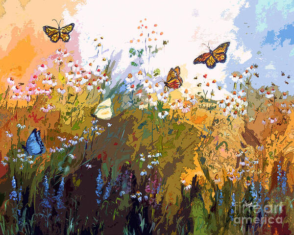 Butterflies Art Print featuring the painting Modern Chamomille and Butterflies by Ginette Callaway