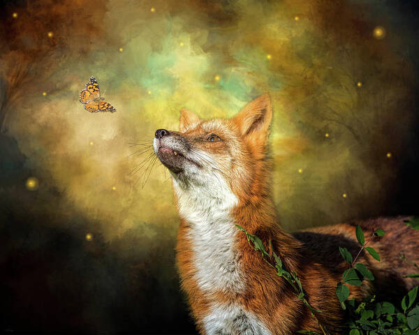 Fox Art Print featuring the digital art Friends on a Firefly Evening by Nicole Wilde