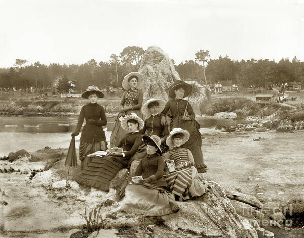 Seven Art Print featuring the photograph Seven Victorian Ladies out on Lovers Point looking over the beach 1885 by Monterey County Historical Society