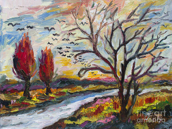 Autumn Art Print featuring the painting Autumn Red and Bird Migration by Ginette Callaway