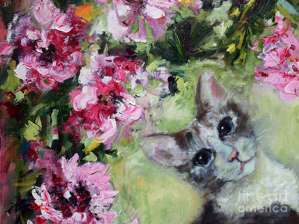 Cats Art Print featuring the painting Cat in the Peonies by Ginette Callaway