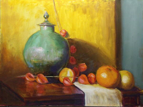 Still Life Art Print featuring the painting Pot with Fruit by Nicolas Bouteneff