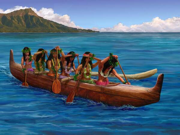 Hawaii Art Print featuring the painting Wahine Hawaiian Canoe Paddlers by Stephen Jorgensen