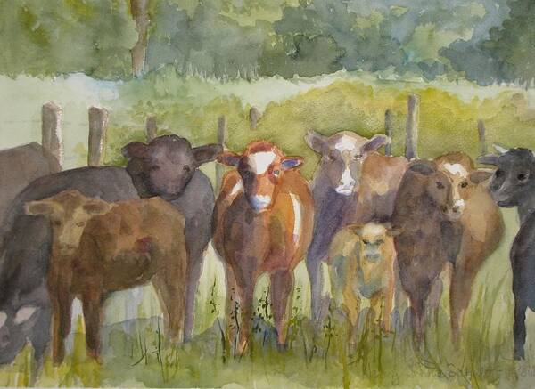 Cows Art Print featuring the painting All Eyes Are On You by Nancy Henkel Schulte