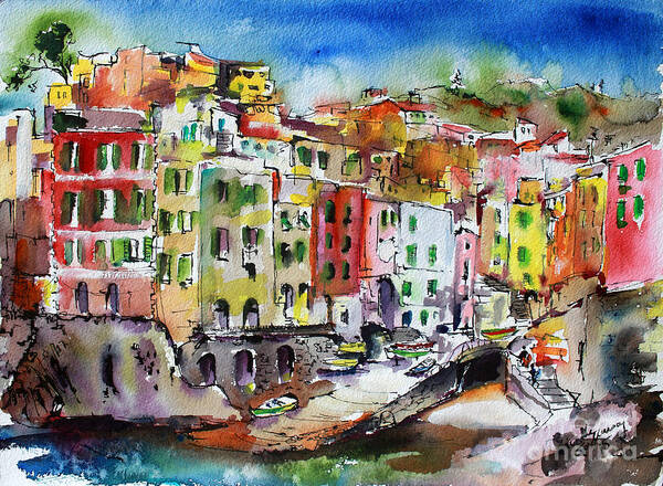 Italy Art Print featuring the painting Riomaggiore Cinque Terre by Ginette Callaway
