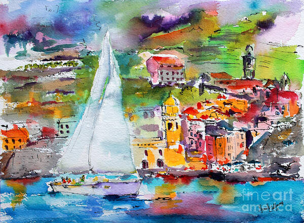 Vernazza Art Print featuring the painting Sailing Past Vernazza Italy by Ginette Callaway
