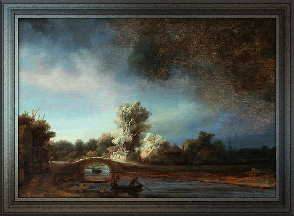 Landscape With A Stone Bridge Art Print featuring the painting Landscape with a Stone Bridge by Rembrandt van Rijn by Rolando Burbon