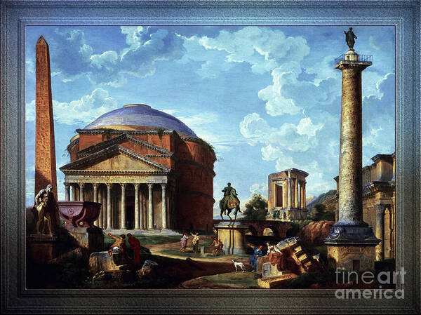 Architectural Fantasy Art Print featuring the painting Fantasy View with the Pantheon and other Monuments of Old Rome by Rolando Burbon
