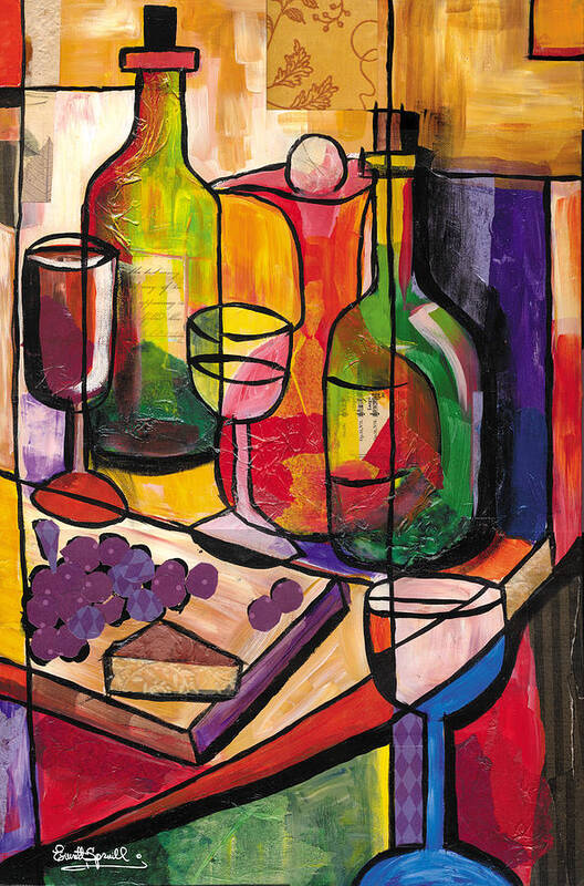 Everett Spruill Art Print featuring the painting Still Life of Fruit Wine and Cheese by Everett Spruill