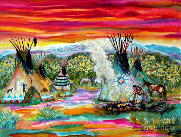Tipee Art Print featuring the painting Tending The Fires by Anderson R Moore