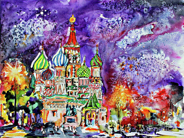 Russia Art Print featuring the painting Russia Saint Basil Cathedral Watercolor and Ink Painting by Ginette Callaway