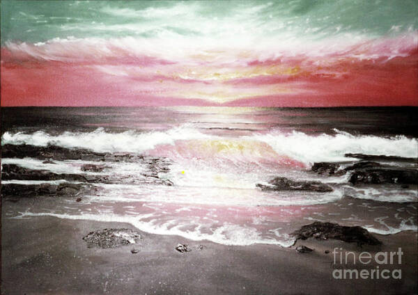 Seascape Of A Morning Red Sky Art Print featuring the painting Red Sky in Morning by Terri Meyer