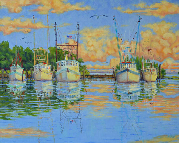 Shrimp Boats Art Print featuring the painting Five Low Country Boats by Dwain Ray