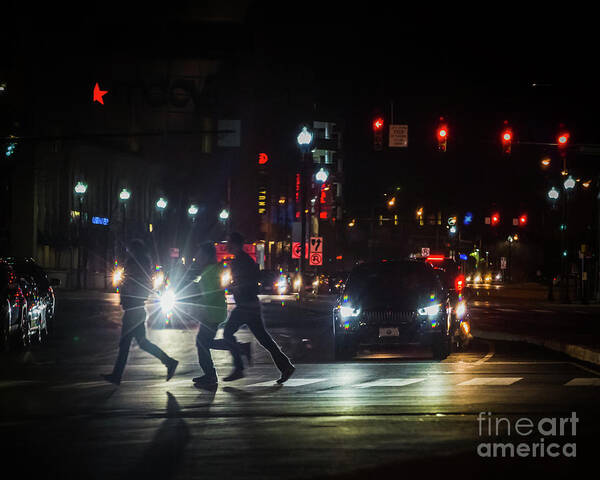 Night Photography Art Print featuring the photograph Crossing the street at night by Agnes Caruso