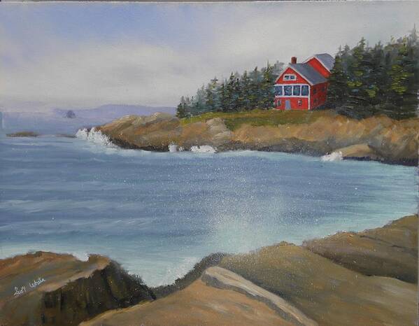 Seascape Landscape Water Cottage Home Rocks Coast Maine Bristol Waves Trees Art Print featuring the painting Ocean Cottage by Scott W White