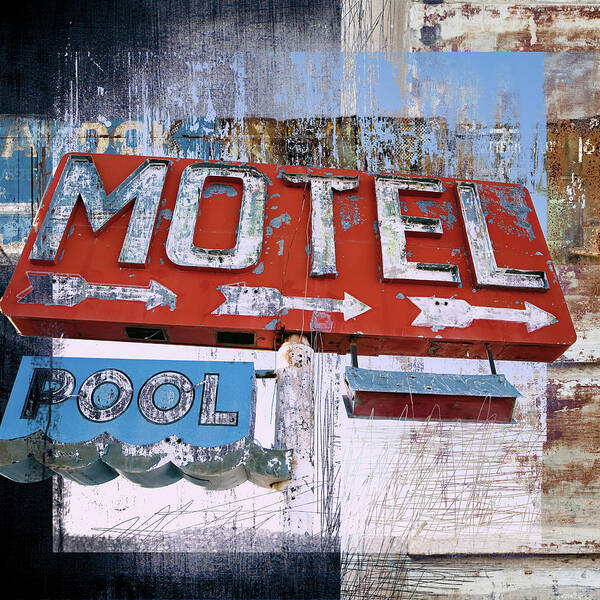 Old Sign Art Print featuring the digital art Motel pool by Luz Graphic Studio