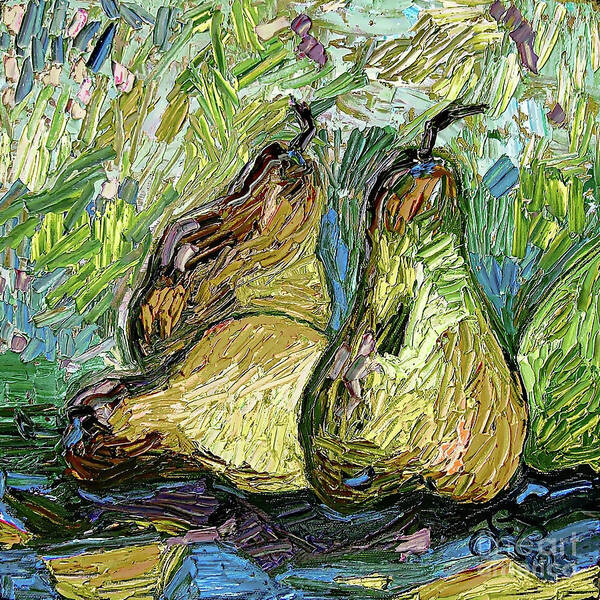 Pears Art Print featuring the painting Impressionist Trois Poires Oil Painting by Ginette Callaway