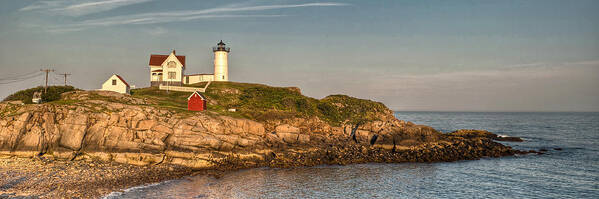Cape Neddick Art Print featuring the photograph Cape Neddick Lighthouse Island in Evening Light - Panorama by At Lands End Photography