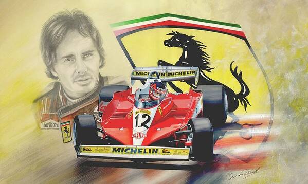 Ferrari Art Print featuring the painting The Ferrari Legends - Gilles Villeneuve by Simon Read