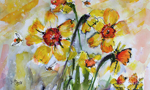Yellow Flowers Art Print featuring the painting Yellow Daffodils and Bees 3 Watercolor Painting by Ginette Callaway