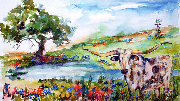 Landscape Art Print featuring the painting Texas Longhorn landscape with Bluebonnets and Indian Paintbrush by Ginette Callaway