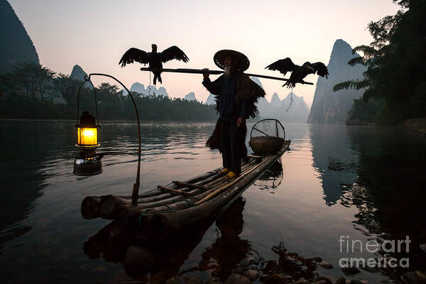 China Art Print featuring the photograph Fisherman with cormorants on the Li river near Guilin China by Matteo Colombo