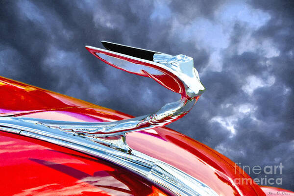 Hood Ornament American Classic Car Transportation Red Chrome Blue Sky Clouds Old Silver Angel Wings Lady Flying Goddess Vintage V8 1930's 1940's 1950's Hotrod Art-deco Deco Auto Automotive Art Print featuring the photograph Flying Goddess by Adam Olsen