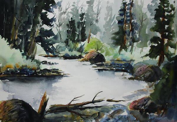 Landscapes Rivers Solitude Forests Water Lakes Art Print featuring the painting Solitude - Gull River by Wilfred McOstrich