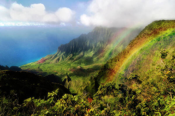 Lifeguard Art Print featuring the photograph Kalalau Valley Double Rainbows Kauai, Hawaii by Lawrence Knutsson