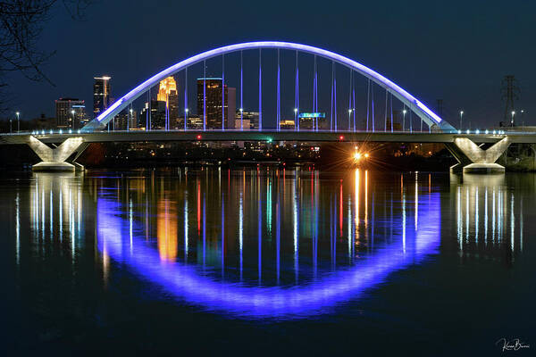 Night Photography Art Print featuring the photograph Lowry Bridge Blue Reflections Signed by Karen Kelm