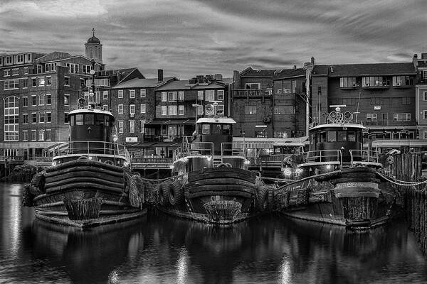 Portsmouth Art Print featuring the photograph Portsmouth Tugboats at Dawn in Black and White by Thomas Lavoie