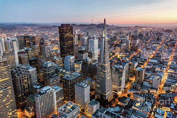 San Francisco Sunset Art Print featuring the photograph San Francisco skyline, aerial view by Matteo Colombo