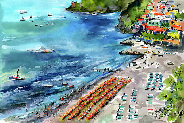Positano Art Print featuring the painting Positano Summer Beach Italy Watercolors and Ink by Ginette Callaway