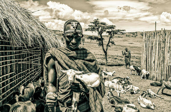 Ngorongoro Maasai Tanzania Art Print featuring the photograph Maasai Warrior and Prized Goat 4281 by Amyn Nasser