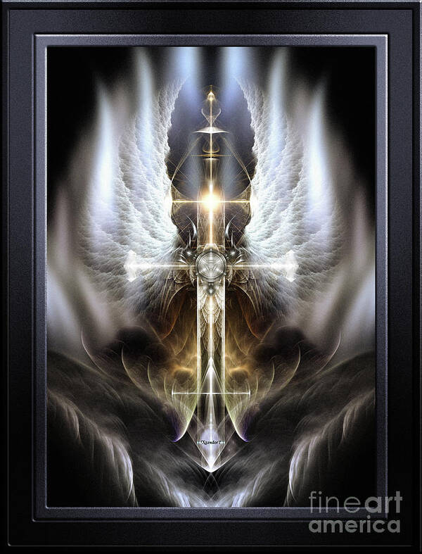 Heaven Art Print featuring the digital art Heavenly Angel Wing Cross Black Steel Fractal Art Composition by Rolando Burbon