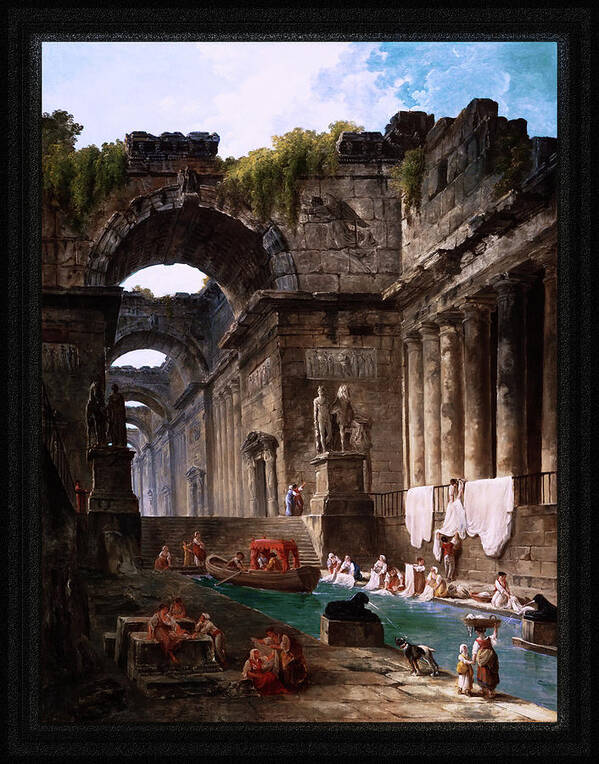 Ruins Of A Roman Bath With Washerwomen Art Print featuring the painting Ruins Of A Roman Bath With Washerwomen by Hubert Robert Remastered Xzendor7 Reproductions by Xzendor7