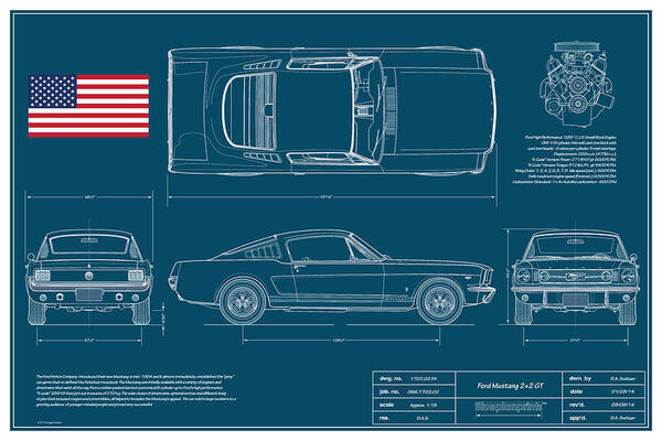 Mustang 2+2 Art Print featuring the digital art Ford Mustang GT Fastback Blueplanprint by Douglas Switzer