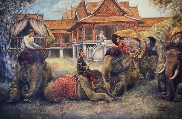 Lan Xang Art Print featuring the painting Royal Elephants by Sompaseuth Chounlamany