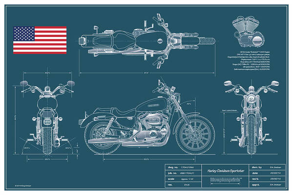 Motorcycle Art Print featuring the digital art Harley Davidson Sportster Blueplanprint by Douglas Switzer