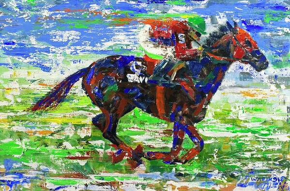 Horse Racing Art Print featuring the painting One Body Length Ahead by Walter Fahmy