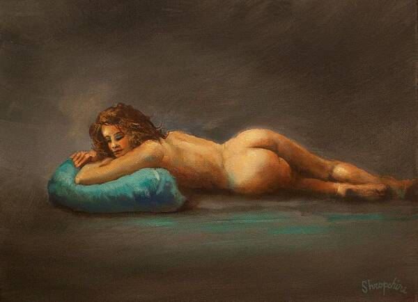  Figurative Art Print featuring the painting Nude with pillow by Tom Shropshire