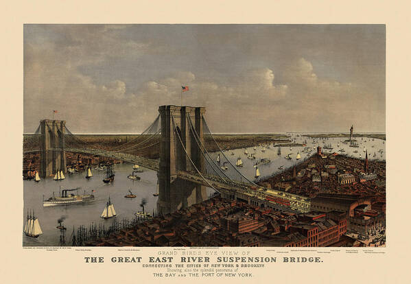 Antique Birds Eye View of the Brooklyn Bridge and New York City by Currier and Ives - 1885 by Blue Monocle