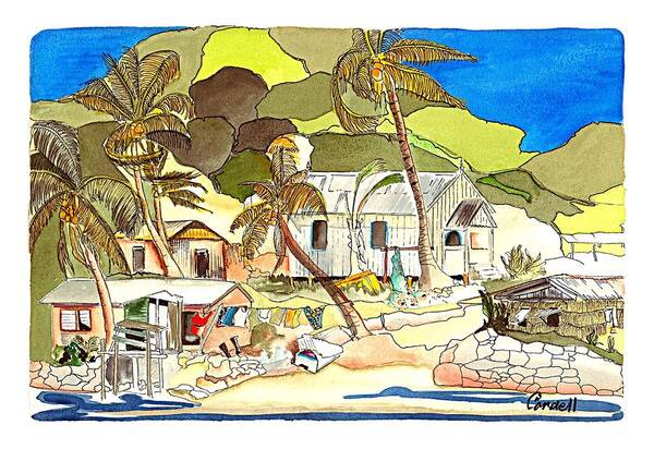 Fiji - South Pacific Tropical Islands Art Print featuring the painting Fishing Village - Fiji by Joan Cordell