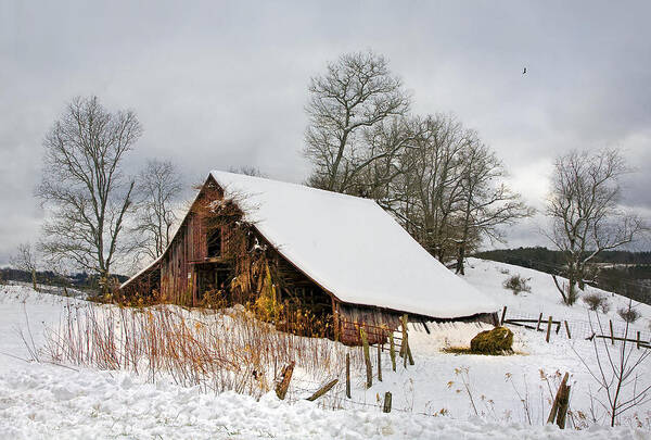 Old Barn In Snow Art Print featuring the photograph Old Barn in Snow by Ken Barrett