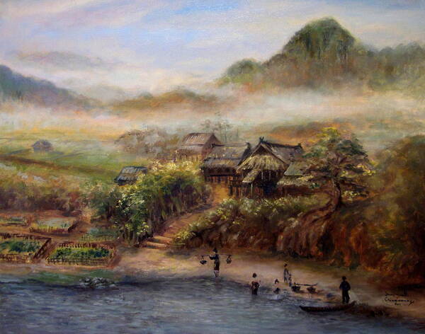 Landscape Art Print featuring the painting Village by Sompaseuth Chounlamany