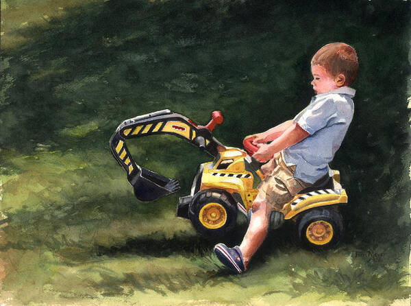 Little Boy On Toy Backhoe Painting Art Print featuring the painting Mastering the Backhoe by Terri Meyer